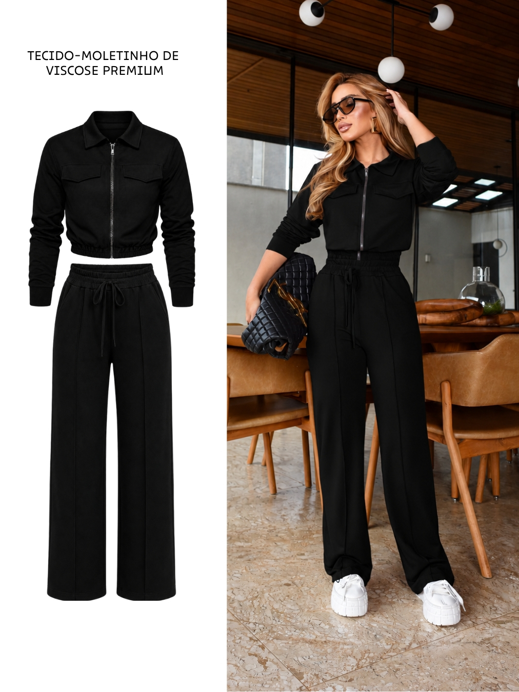 Conjunto Moletinho Premium com calça pantalona e cropppe com elastex