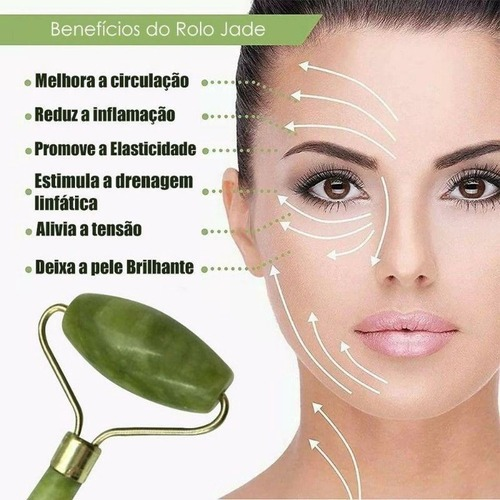 Rolo Pedra de Jade + Placa Gua Sha Massagem Facial Anti Ruga Rolinho Jade Lançamento
