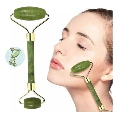 Rolo Pedra de Jade + Placa Gua Sha Massagem Facial Anti Ruga Rolinho Jade Lançamento