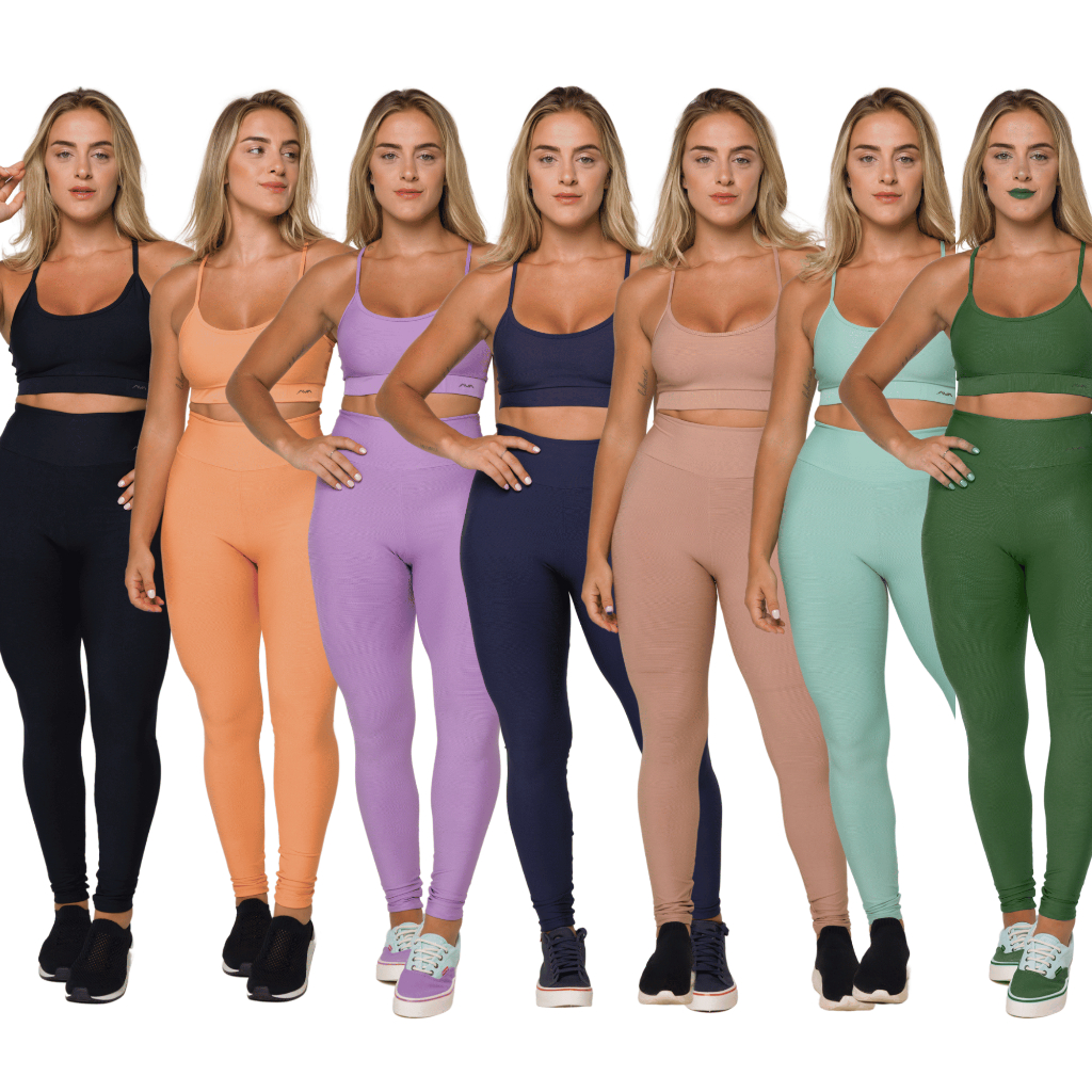 Conjunto Feminino Academia Top e Legging Com Bolso No Cós Tecido Canelado AVA Fitness