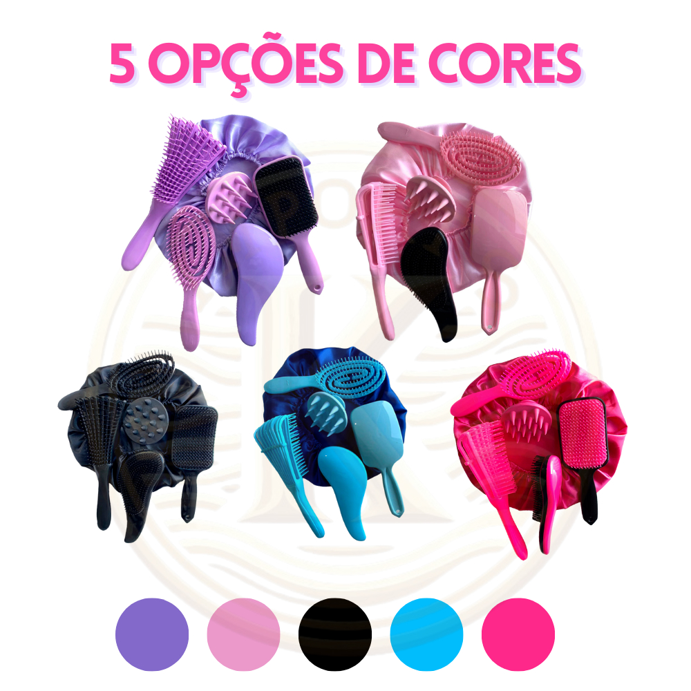 Kit 5 Escovas de Cabelo + Touca de Cetim – Raquete Fashion, Mágica, Polvo, Massageadora de Silicone