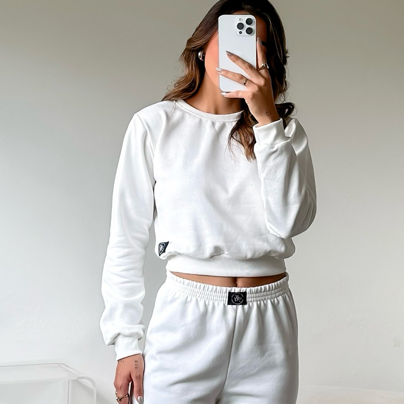 Conjunto Moletom Feminino Blusa manga longa Flanelado Veludo sem bordado cropped + calça pantalona