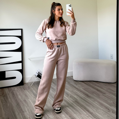 Conjunto Moletom Feminino Blusa manga longa Flanelado Veludo sem bordado cropped + calça pantalona