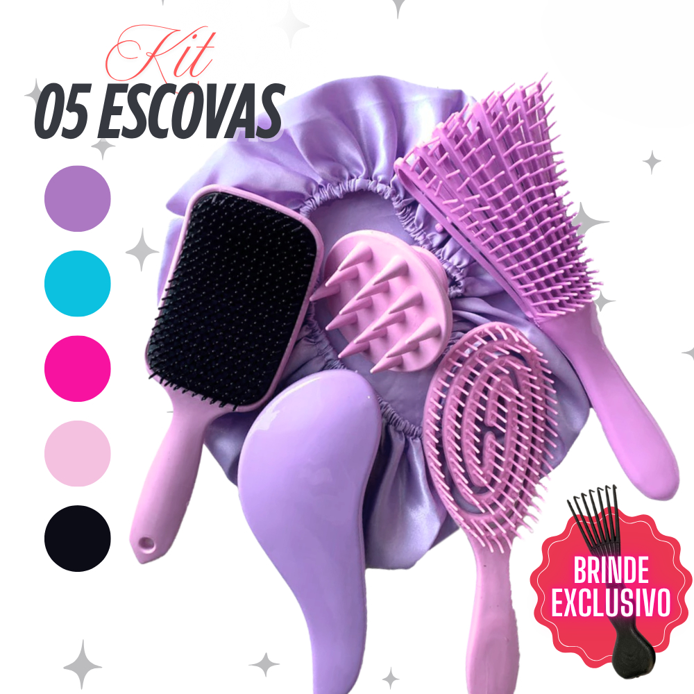 Kit 5 Escovas de Cabelo + Touca de Cetim – Raquete Fashion, Mágica, Polvo, Massageadora de Silicone