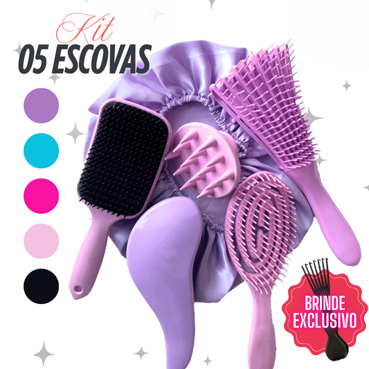 Kit 5 Escovas de Cabelo + Touca de Cetim – Raquete Fashion, Mágica, Polvo, Massageadora de Silicone