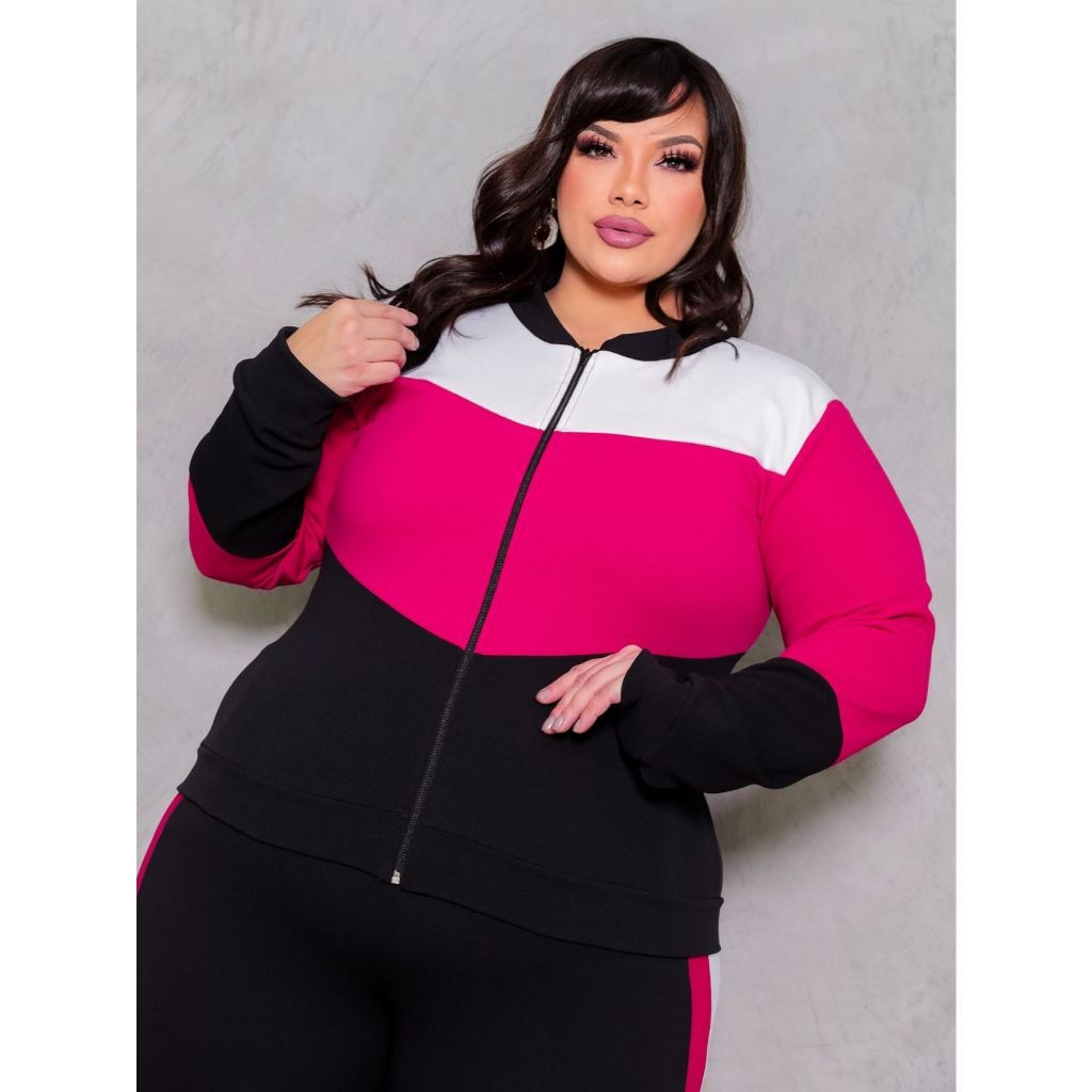 Conjunto Feminino Plus Size G1234 Blusa de Frio Manga Longa Com Ziper e Calça Slim Com Bolsos Tecido Crepe Inverno Moda