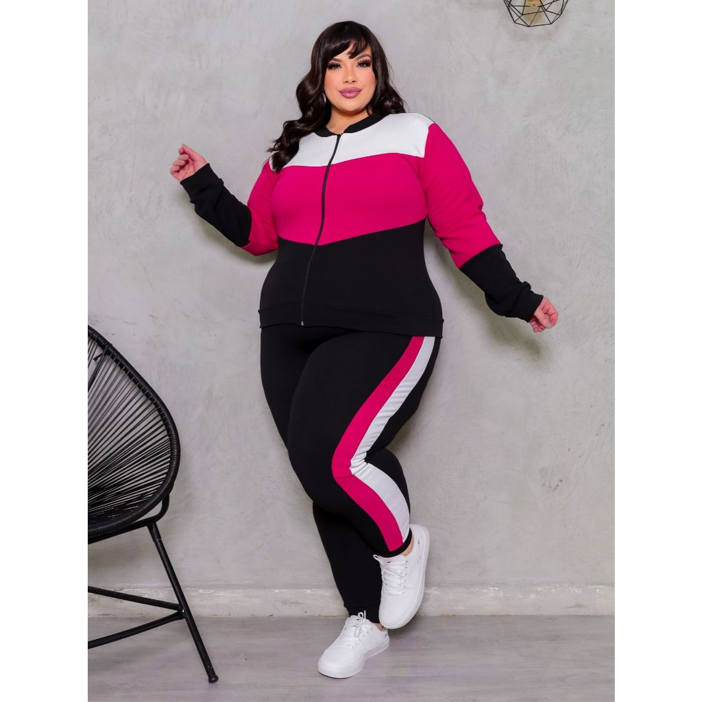 Conjunto Feminino Plus Size G1234 Blusa de Frio Manga Longa Com Ziper e Calça Slim Com Bolsos Tecido Crepe Inverno Moda