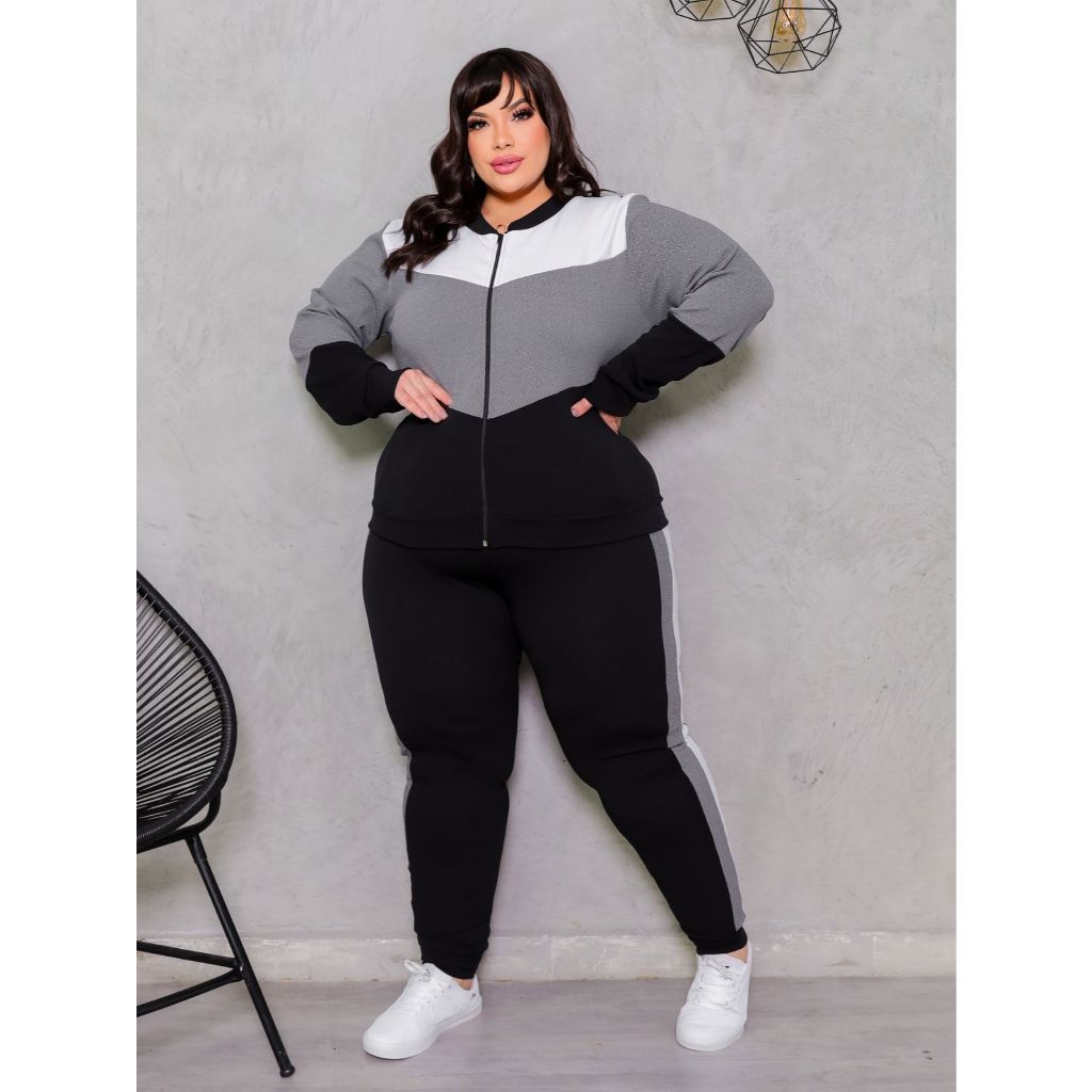 Conjunto Feminino Plus Size G1234 Blusa de Frio Manga Longa Com Ziper e Calça Slim Com Bolsos Tecido Crepe Inverno Moda