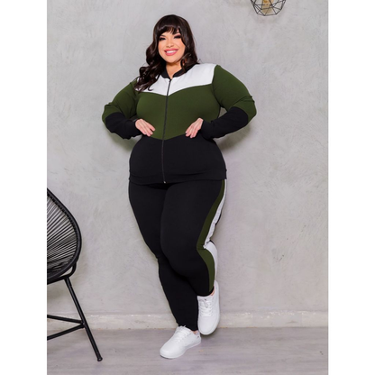 Conjunto Feminino Plus Size G1234 Blusa de Frio Manga Longa Com Ziper e Calça Slim Com Bolsos Tecido Crepe Inverno Moda
