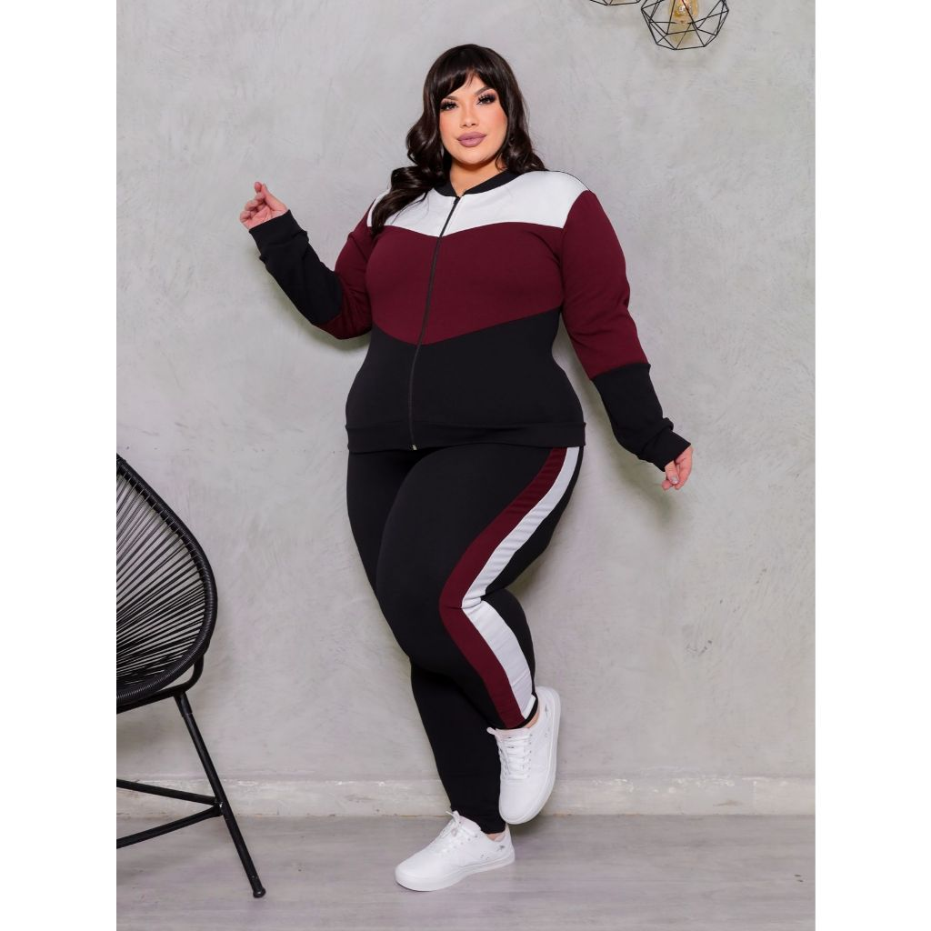 Conjunto Feminino Plus Size G1234 Blusa de Frio Manga Longa Com Ziper e Calça Slim Com Bolsos Tecido Crepe Inverno Moda