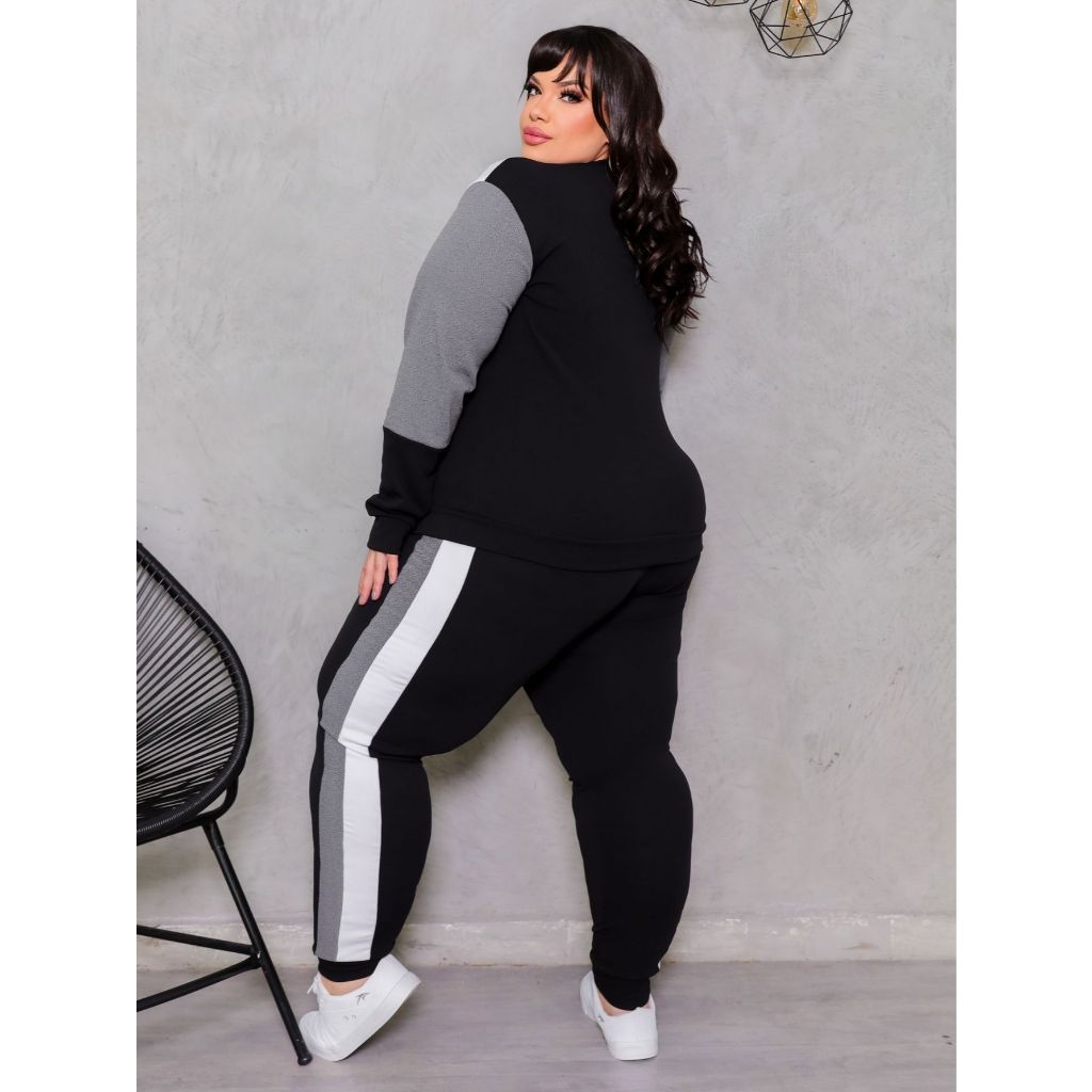 Conjunto Feminino Plus Size G1234 Blusa de Frio Manga Longa Com Ziper e Calça Slim Com Bolsos Tecido Crepe Inverno Moda