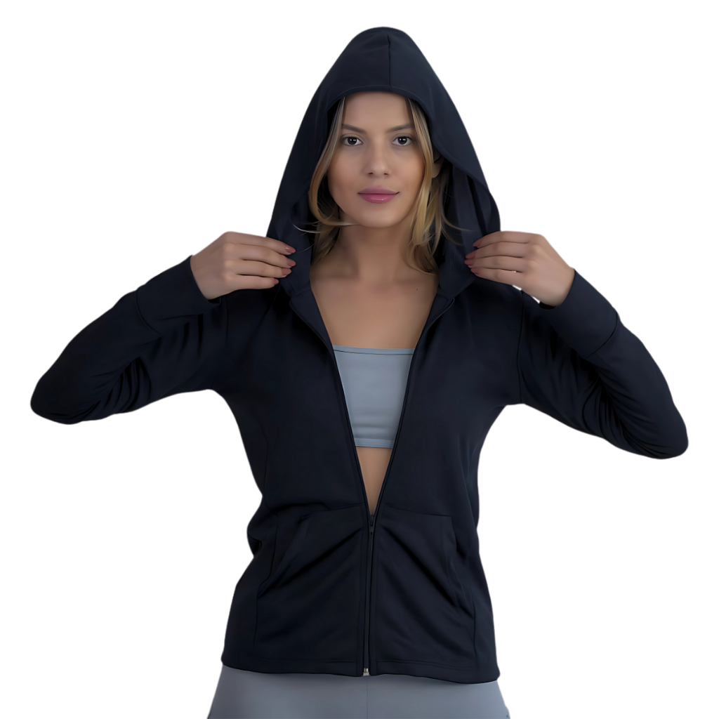 Jaqueta Casaquinho Feminino com Ziper e Capuz Dryfit Academia Proteção Solar