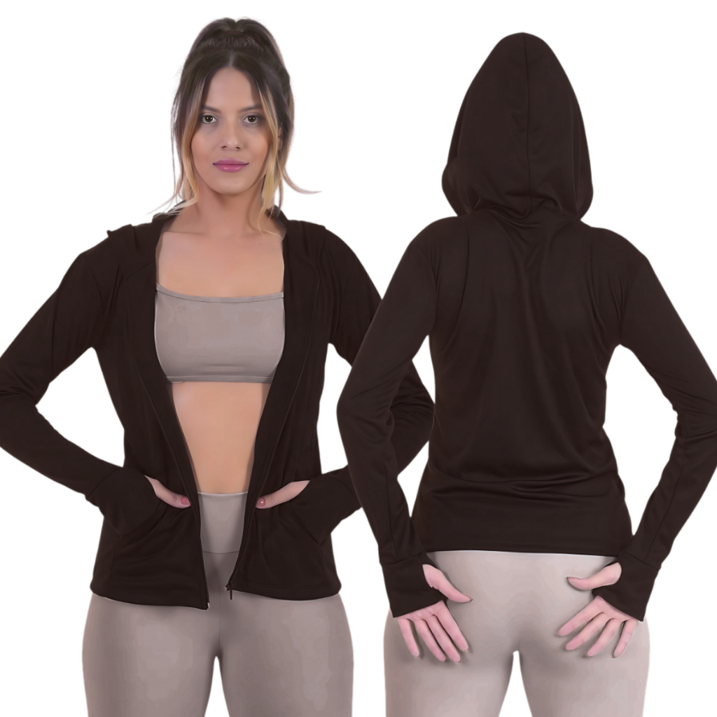 Jaqueta Casaquinho Feminino com Ziper e Capuz Dryfit Academia Proteção Solar