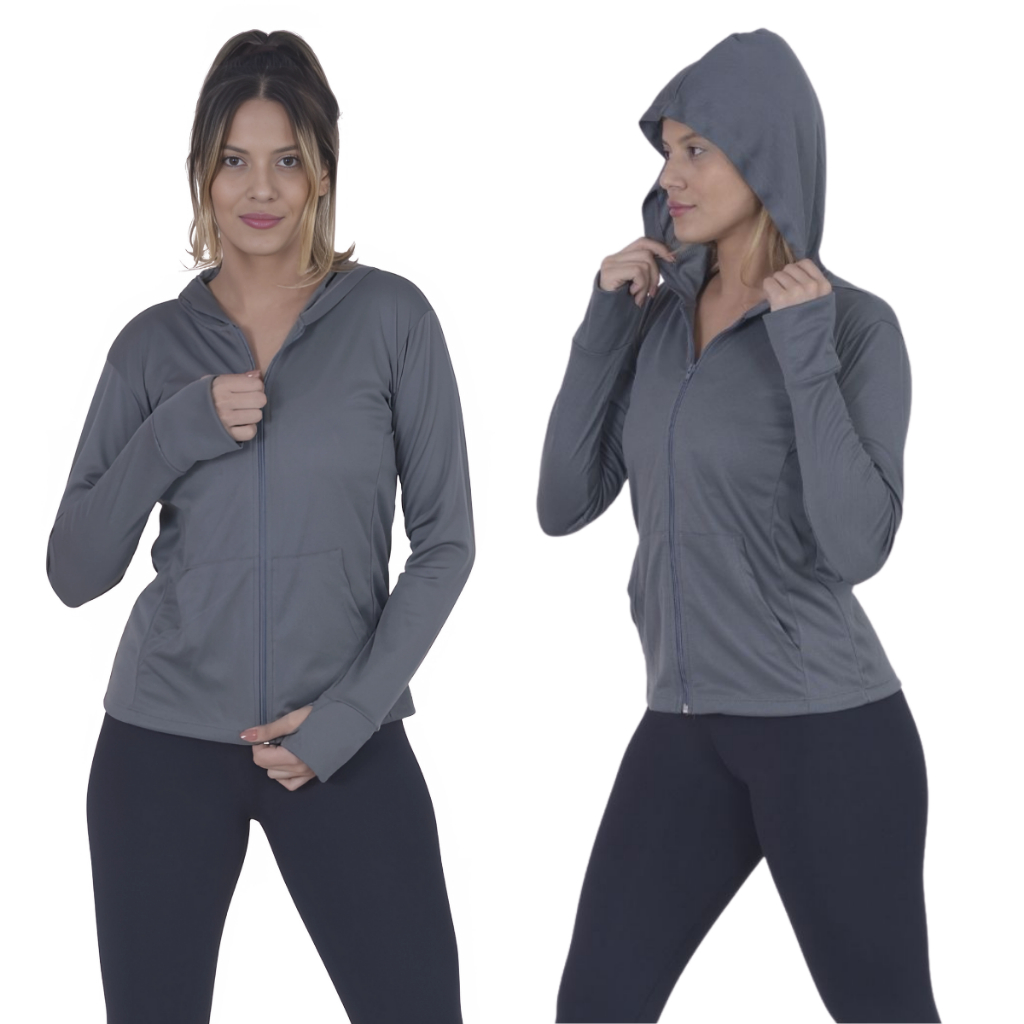 Jaqueta Casaquinho Feminino com Ziper e Capuz Dryfit Academia Proteção Solar
