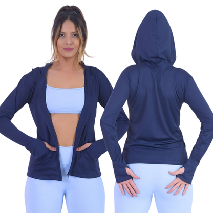 Jaqueta Casaquinho Feminino com Ziper e Capuz Dryfit Academia Proteção Solar