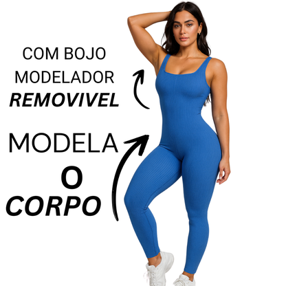 Macacão Longo Canelado Feminino com Bojo Removível Academia Fitness Zero Transparência Malha Premium