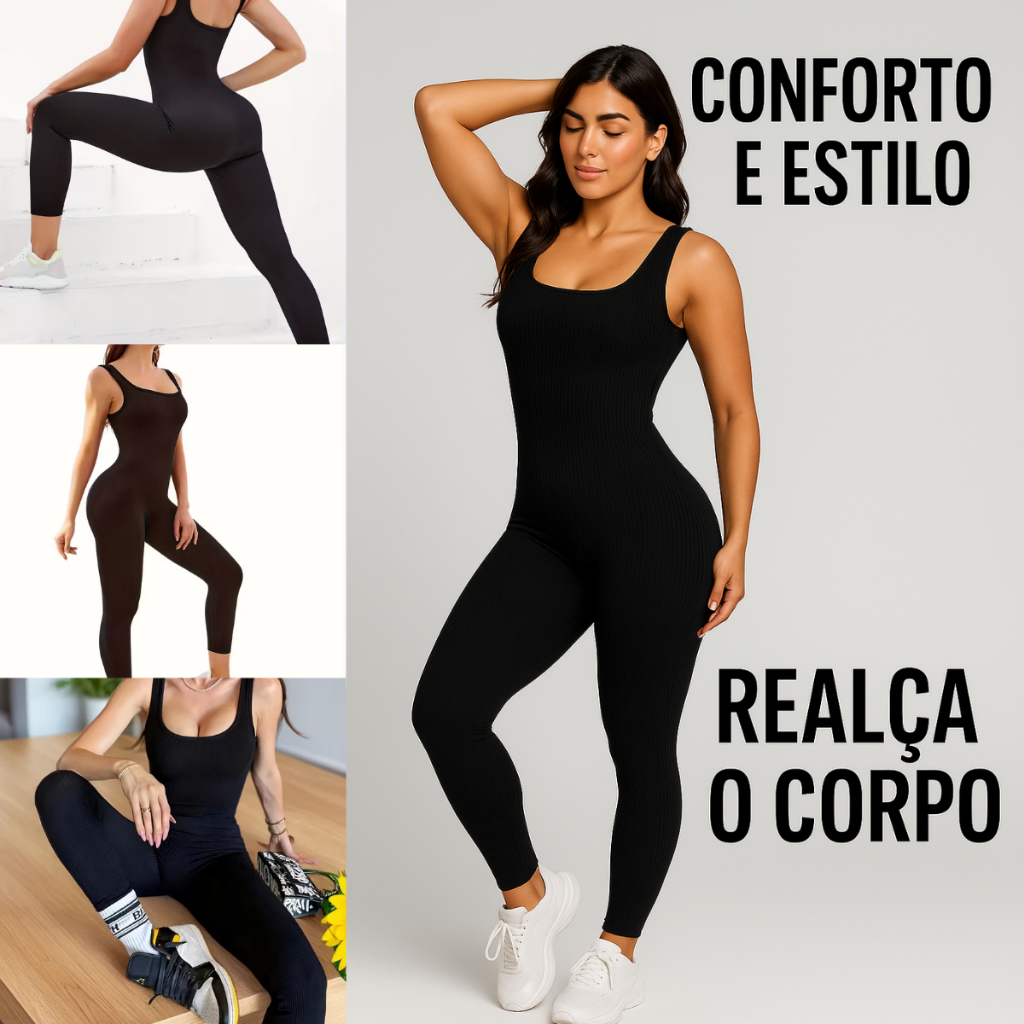 Macacão Longo Canelado Feminino com Bojo Removível Academia Fitness Zero Transparência Malha Premium