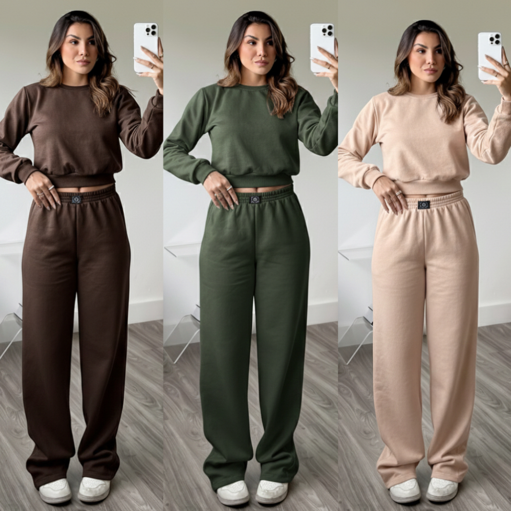 Conjunto Moletom Feminino Blusa manga longa Flanelado Veludo sem bordado cropped + calça pantalona
