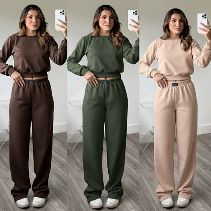 Conjunto Moletom Feminino Blusa manga longa Flanelado Veludo sem bordado cropped + calça pantalona