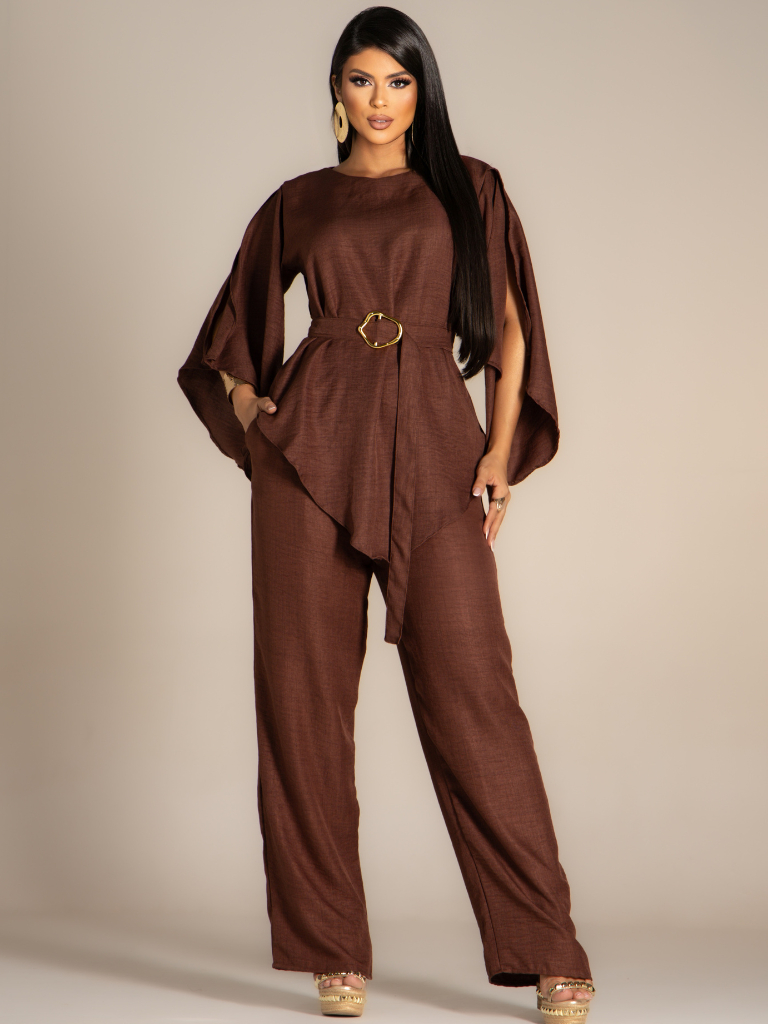 ⁠Conjunto Blusa Calça e Pantalona Tecido Crepe dunas Elegante Soltinha Perna Larga Wide Leg Com Cinto Manga Compida
