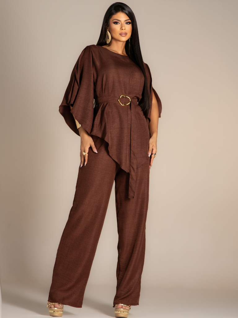 ⁠Conjunto Blusa Calça e Pantalona Tecido Crepe dunas Elegante Soltinha Perna Larga Wide Leg Com Cinto Manga Compida