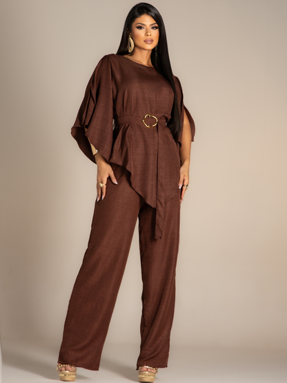 ⁠Conjunto Blusa Calça e Pantalona Tecido Crepe dunas Elegante Soltinha Perna Larga Wide Leg Com Cinto Manga Compida