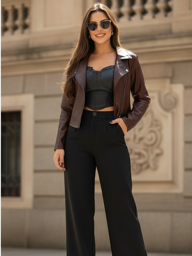 Jaqueta De Couro Feminina Com Ziper Inverno Elegante