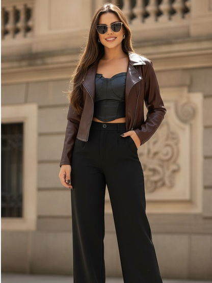 Jaqueta De Couro Feminina Com Ziper Inverno Elegante