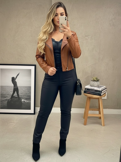 Jaqueta De Couro Feminina Com Ziper Inverno Elegante