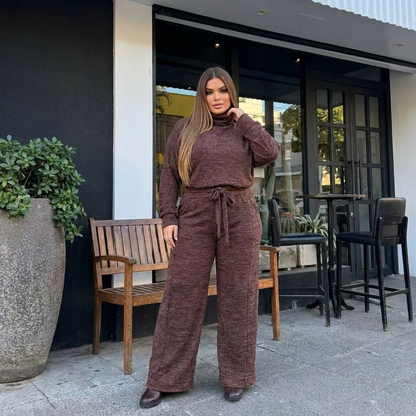 Conjunto Feminino Plus Size Manga Longa Calça Pantalona Com Elástico Elegante Gola Alta Confortável Casual