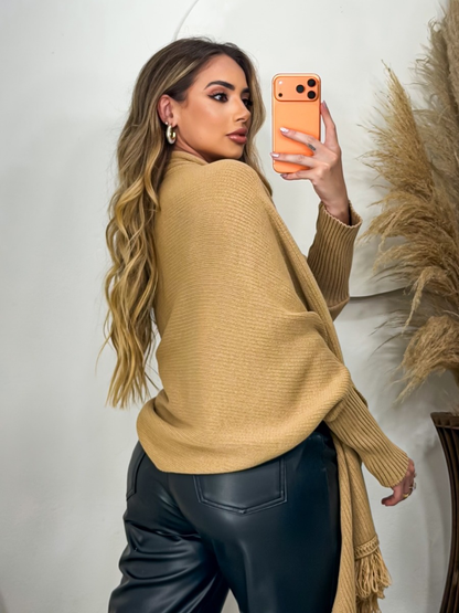 Poncho Capa Casual Tricot Feminino Franjas Manga Longa Outono Inverno