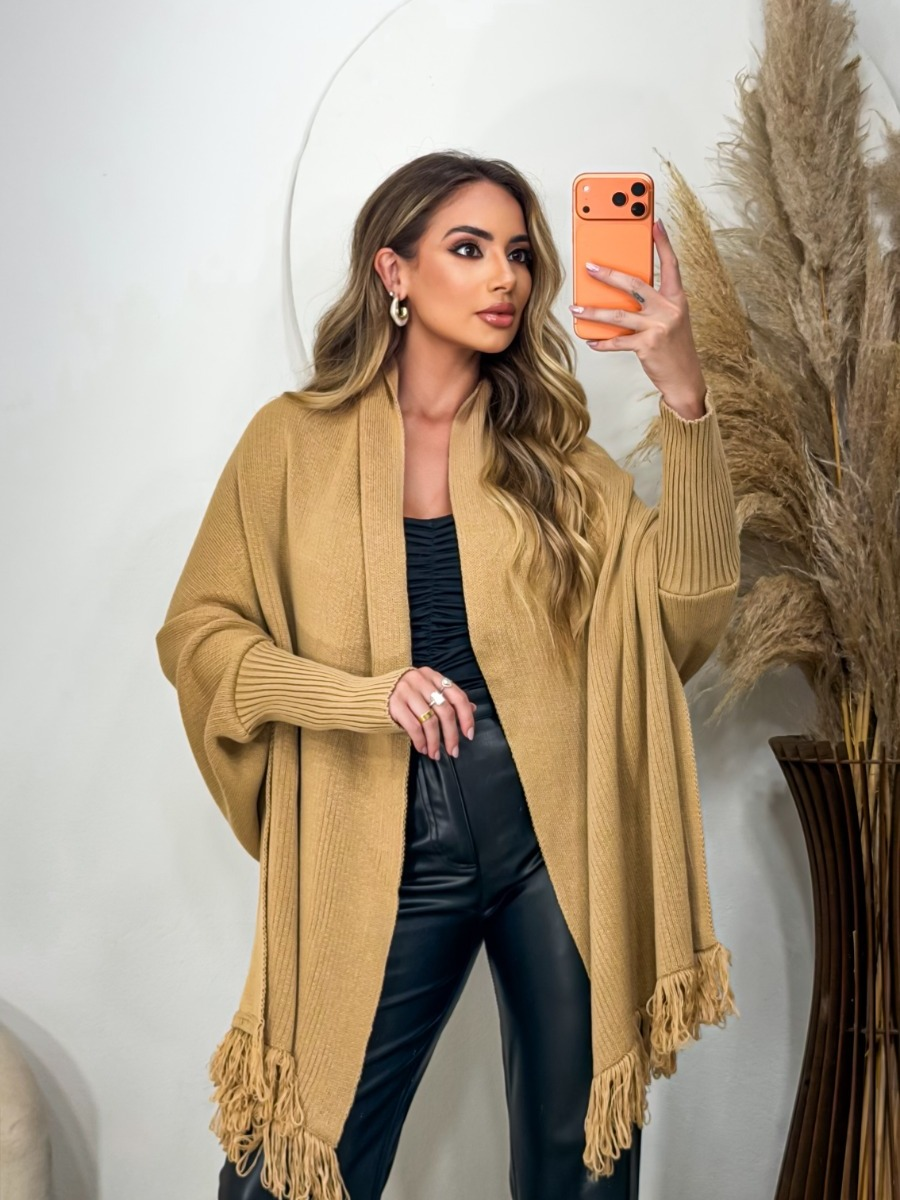 Poncho Capa Casual Tricot Feminino Franjas Manga Longa Outono Inverno