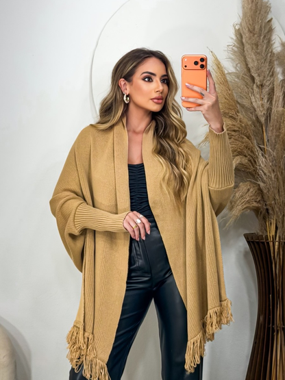 Poncho Capa Casual Tricot Feminino Franjas Manga Longa Outono Inverno