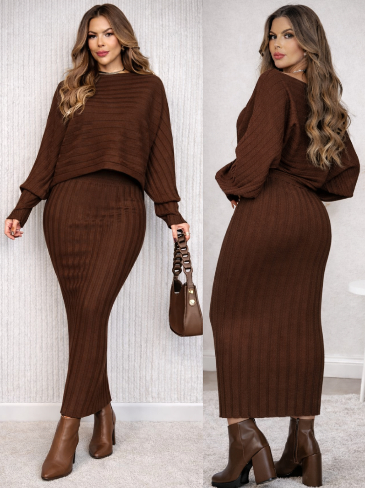 Conjunto Feminino Tricot Canelado Inverno Elegante Manga Longa + Saia Midi Modal Premium