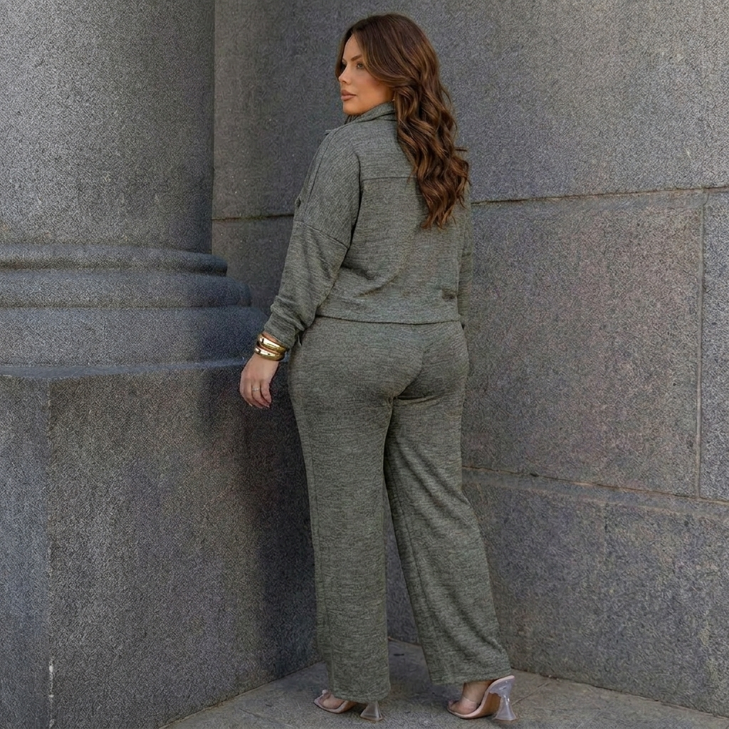 Conjunto Feminino Plus Size Manga Longa Calça Pantalona Com Elástico Elegante Gola Alta Confortável Casual