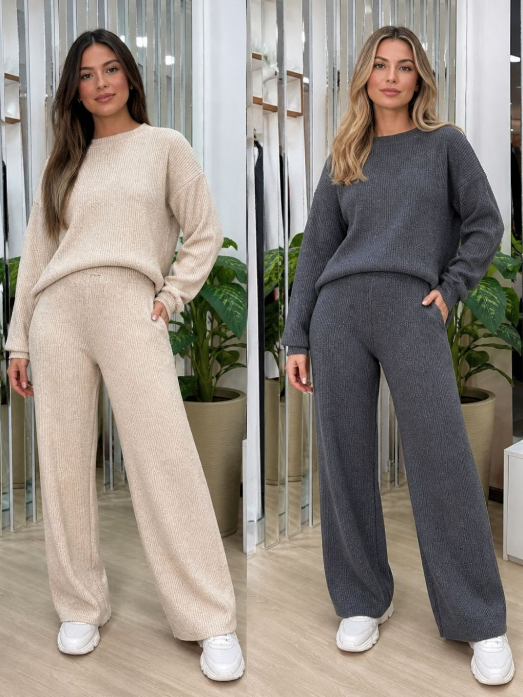Conjunto Tricot Mousse Blusa Manga Longa e Calça Pantalona Elegante