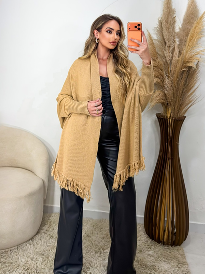 Poncho Capa Casual Tricot Feminino Franjas Manga Longa Outono Inverno