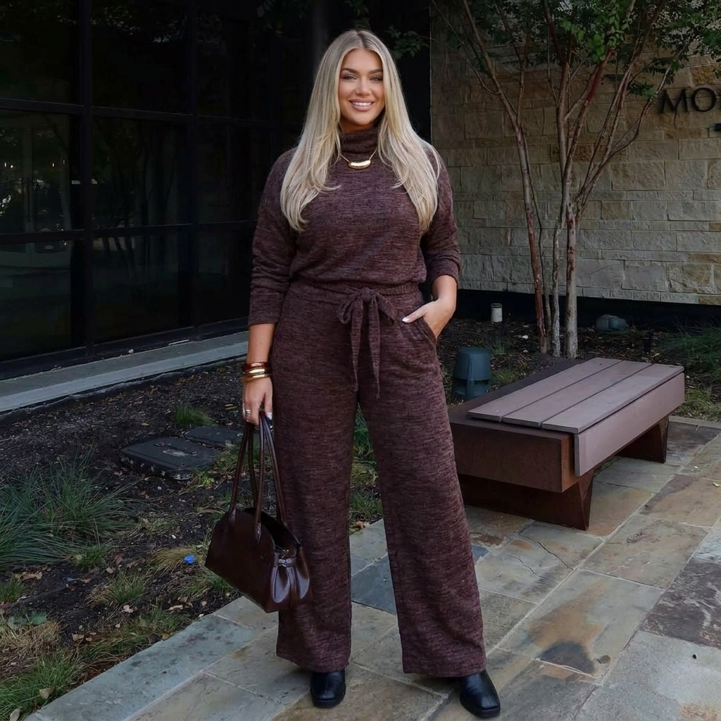 Conjunto Feminino Plus Size Manga Longa Calça Pantalona Com Elástico Elegante Gola Alta Confortável Casual