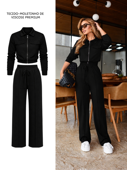 Conjunto Moletinho Premium com calça pantalona e cropppe com elastex