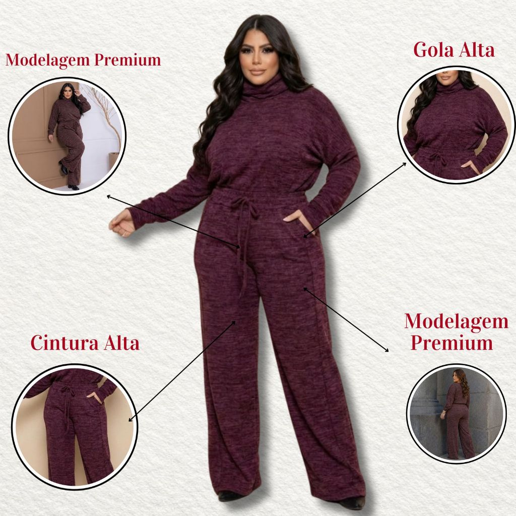 Conjunto Feminino Plus Size Manga Longa Calça Pantalona Com Elástico Elegante Gola Alta Confortável Casual