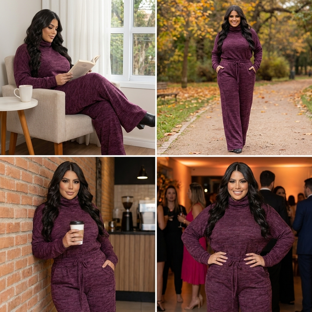 Conjunto Feminino Plus Size Manga Longa Calça Pantalona Com Elástico Elegante Gola Alta Confortável Casual