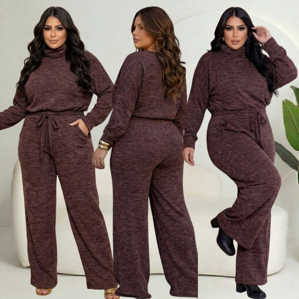 Conjunto Feminino Plus Size Manga Longa Calça Pantalona Com Elástico Elegante Gola Alta Confortável Casual