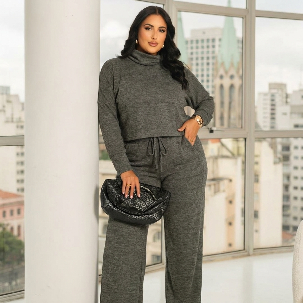 Conjunto Feminino Plus Size Manga Longa Calça Pantalona Com Elástico Elegante Gola Alta Confortável Casual