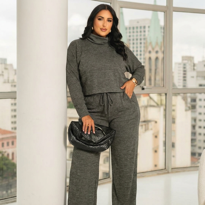 Conjunto Feminino Plus Size Manga Longa Calça Pantalona Com Elástico Elegante Gola Alta Confortável Casual