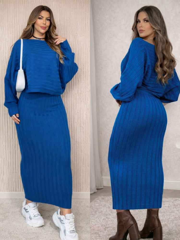 Conjunto Feminino Tricot Canelado Inverno Elegante Manga Longa + Saia Midi Modal Premium